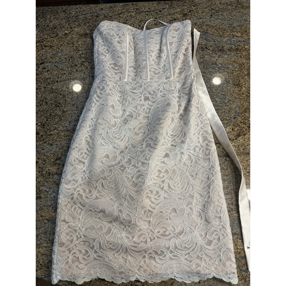 Dessy Collection Strapless Lace Overlay Satin Sheath Dress Size 6 Cream Formal‎